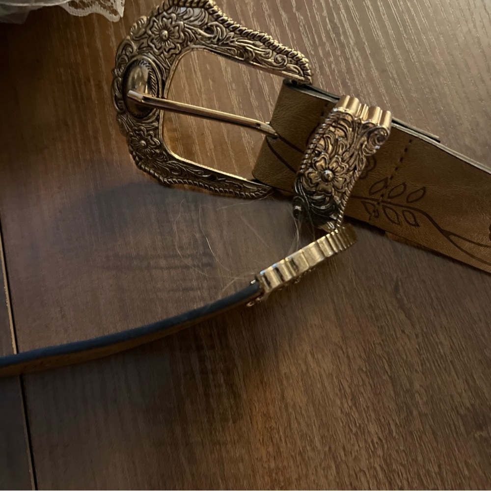 Elegant Tan Belt with Gold Buckle and floral designs #381
